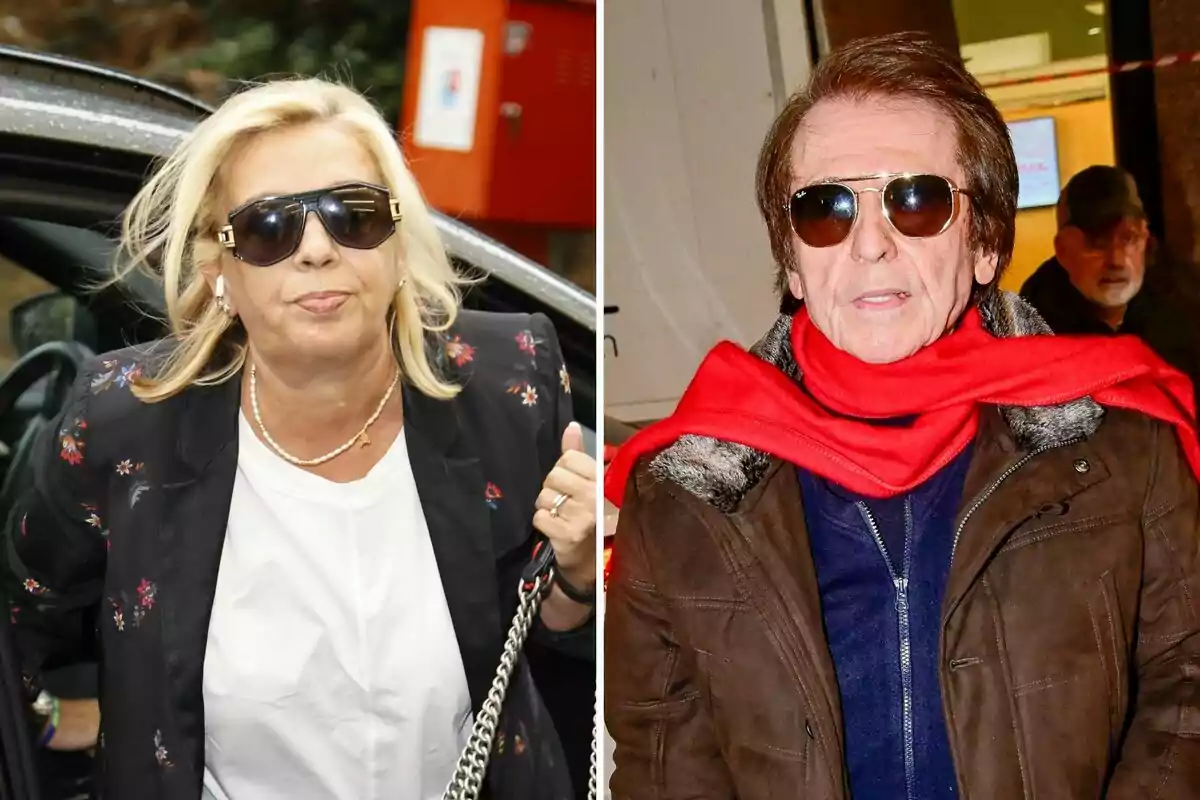 Carmen Borrego y Raphael usando gafas de sol, una mujer rubia con chaqueta oscura y un hombre con bufanda roja y chaqueta marrón. Carmen Borrego y Raphael usando gafas de sol, una mujer rubia con chaqueta oscura y un hombre con bufanda roja y chaqueta marrón.