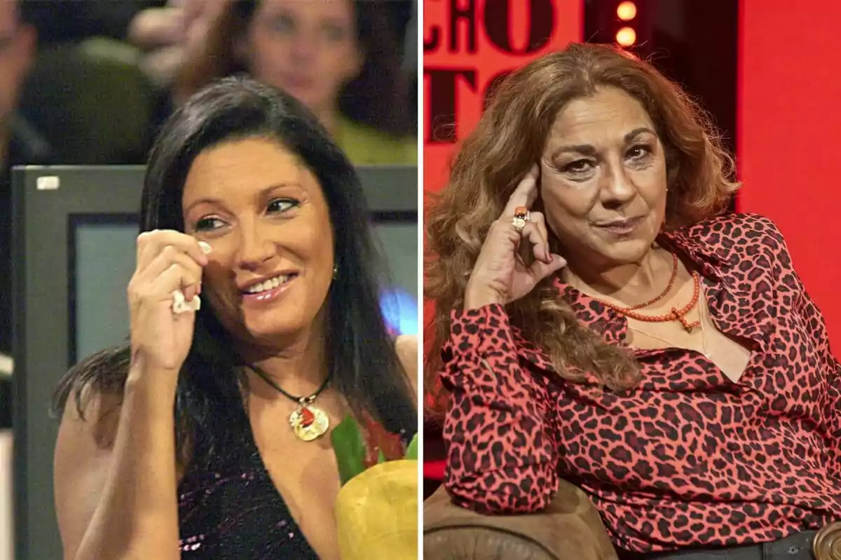 Carmen Ordóñez y Lolita Flores en diferentes momentos, ambas en un entorno de estudio de televisión.
