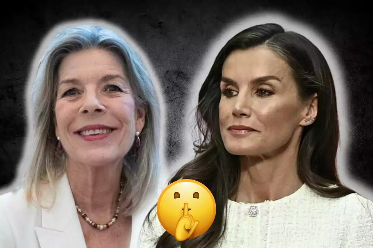 Carolina de Mónaco y la reina Letizia posan juntas frente a un fondo oscuro con un emoji de silencio en el centro.