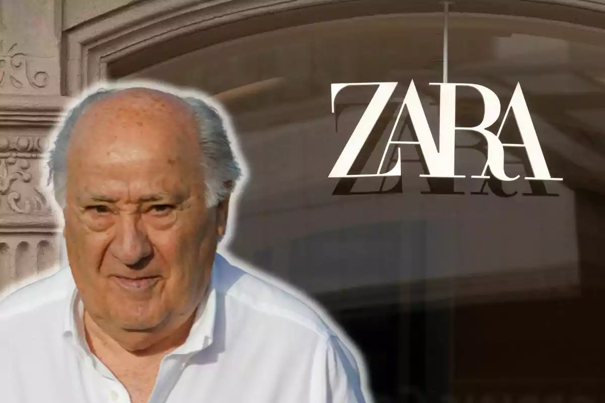 Amancio Ortega con camisa blanca frente a una tienda de Zara.
