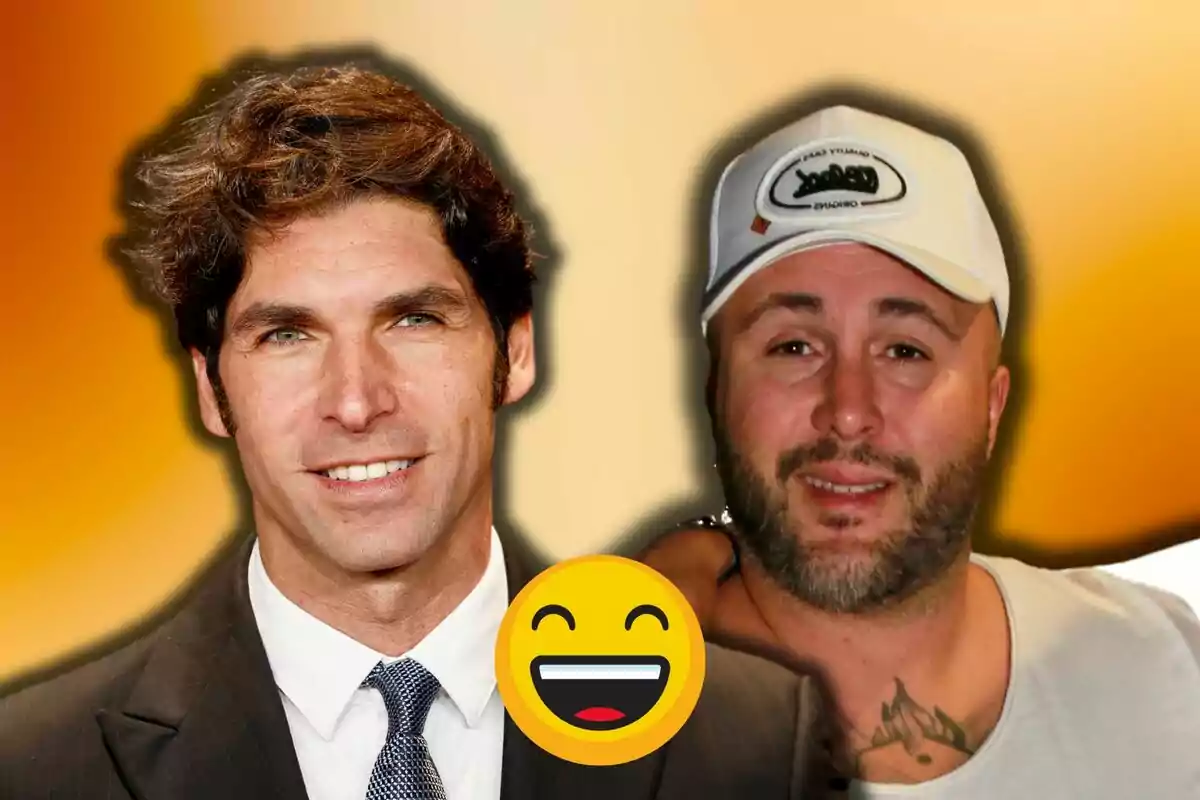 Cayetano y Kiko Rivera sonrientes con un emoji de cara feliz sobre un fondo degradado naranja.