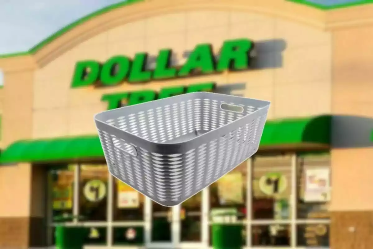 Canasta de plástico gris frente a una tienda Dollar Tree desenfocada Canasta de plástico gris frente a una tienda Dollar Tree desenfocada