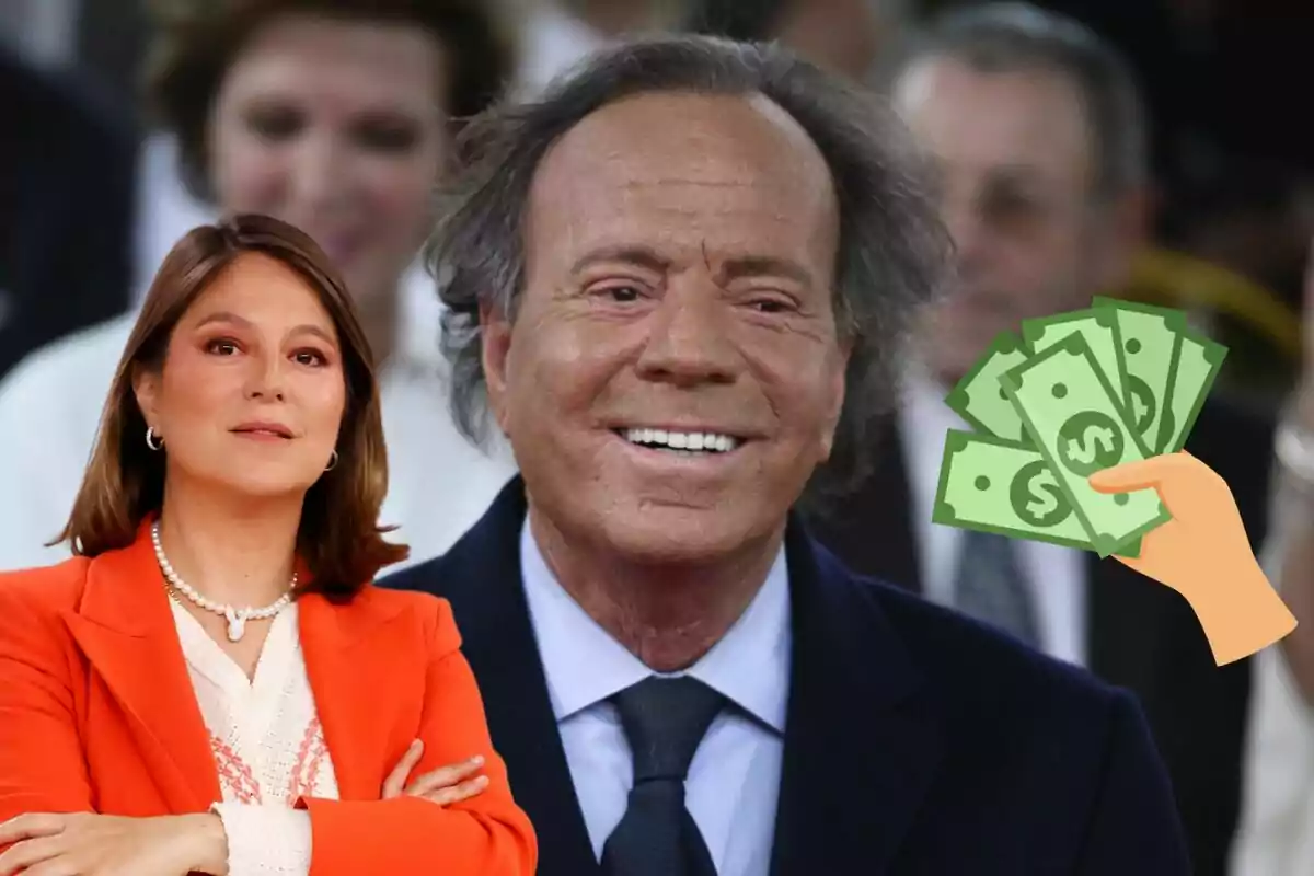 Chábeli Iglesias y Julio Iglesias posan para la cámara, Chábeli con chaqueta naranja y Julio con traje oscuro, mientras una ilustración de una mano sostiene billetes de dinero.