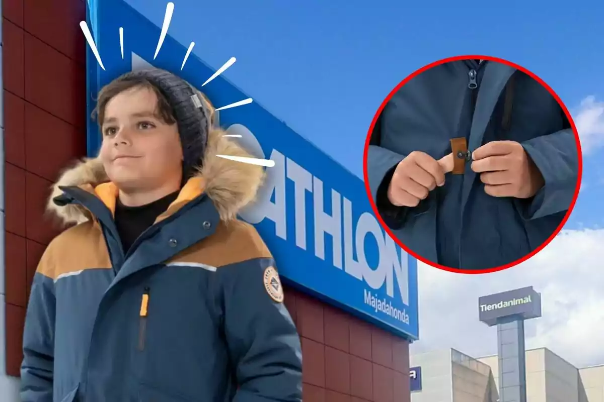 Un niño con abrigo y gorro de lana está frente a una tienda Decathlon, con un detalle de sus manos abrochando el abrigo.