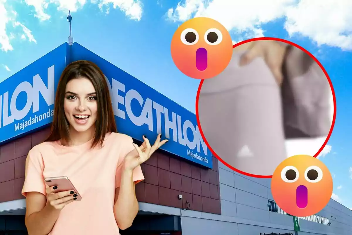 Una mujer sonriente con un teléfono en la mano frente a una tienda Decathlon con emojis de sorpresa y un círculo rojo resaltando un detalle.