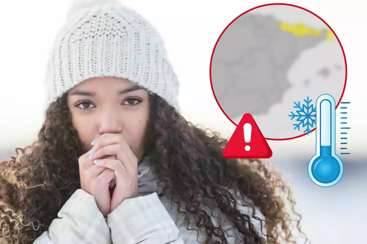 Mujer con gorro de lana y abrigo, cubriéndose las manos del frío, junto a un gráfico de mapa con iconos de advertencia y temperatura baja.