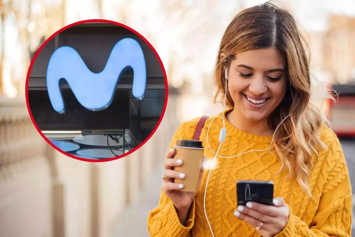 Montaje de un chica utilizando el móvil junto a la imagen de Movistar