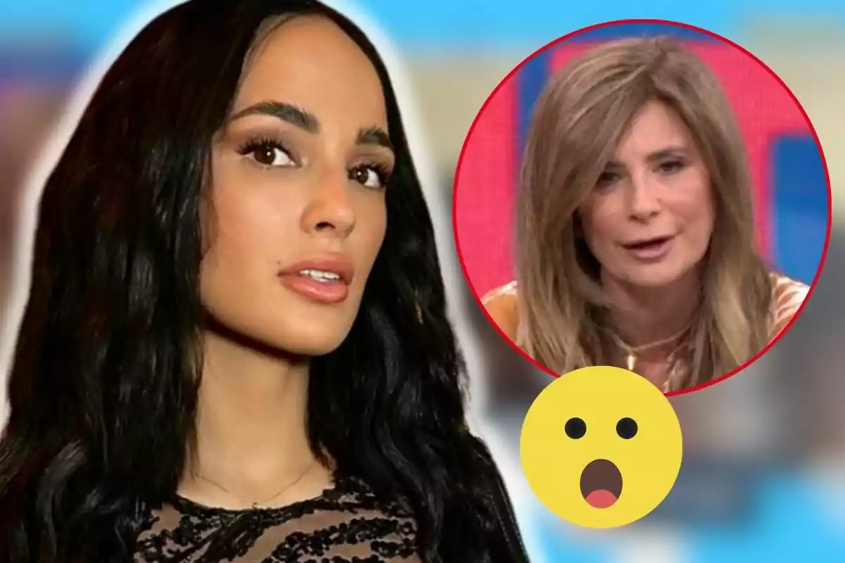 Claudia Bavel de cabello oscuro en primer plano con un recuadro circular que muestra a Gema López y un emoji sorprendido.