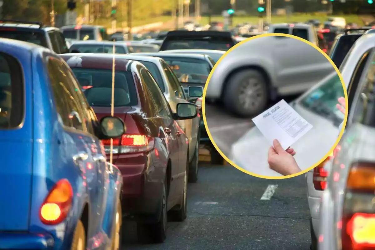 Montaje de tráfico de coches y una redonda de una multa