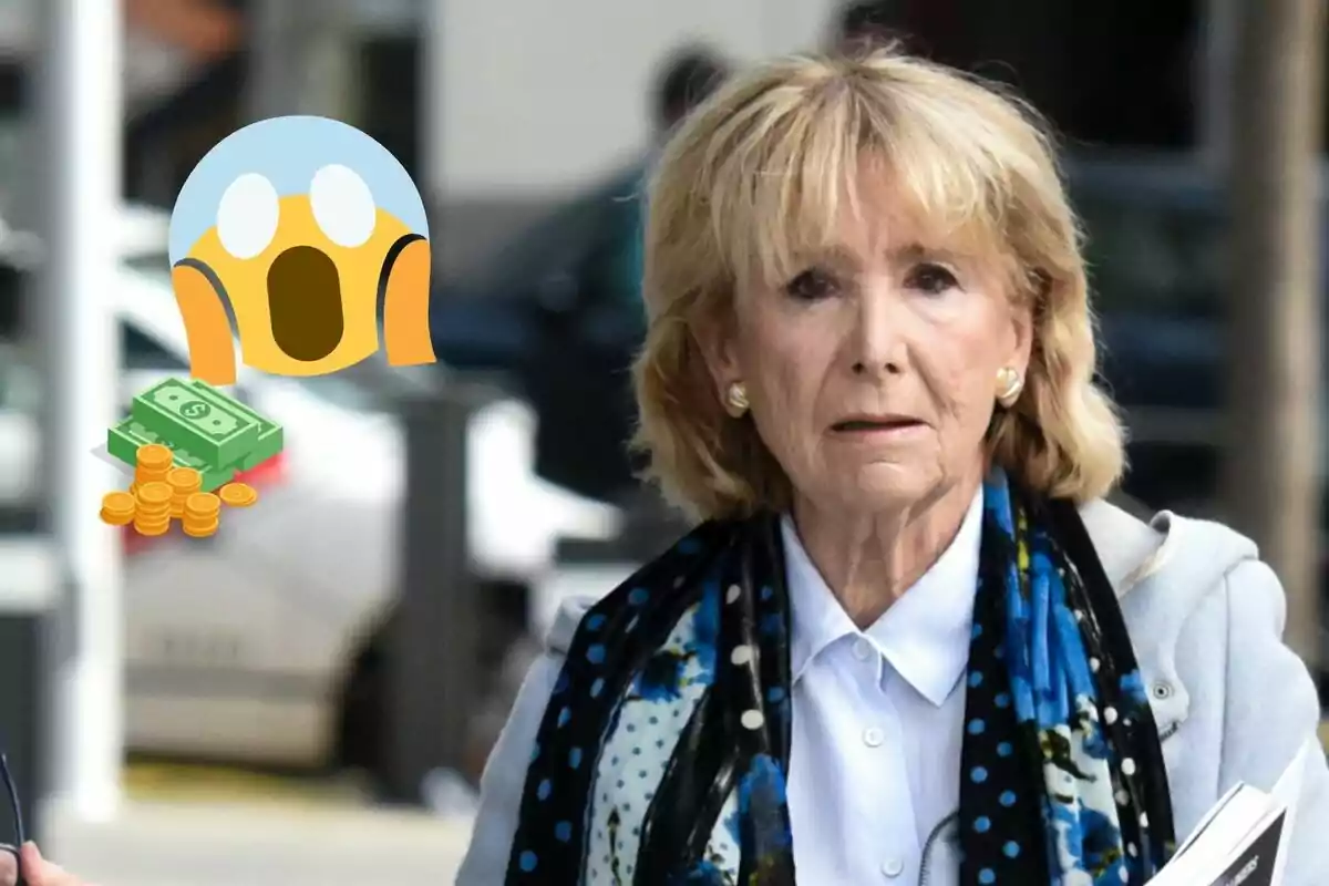 Montaje con una imagen de Esperanza Aguirre con expresión seria, acompañada de un emoji sorprendido y símbolos de dinero.