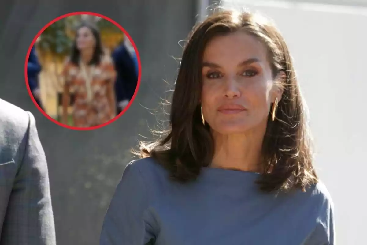 Montaje con una imagen de la reina Letizia con el rostro muy serio junto a una imagen suya en un círculo rojo