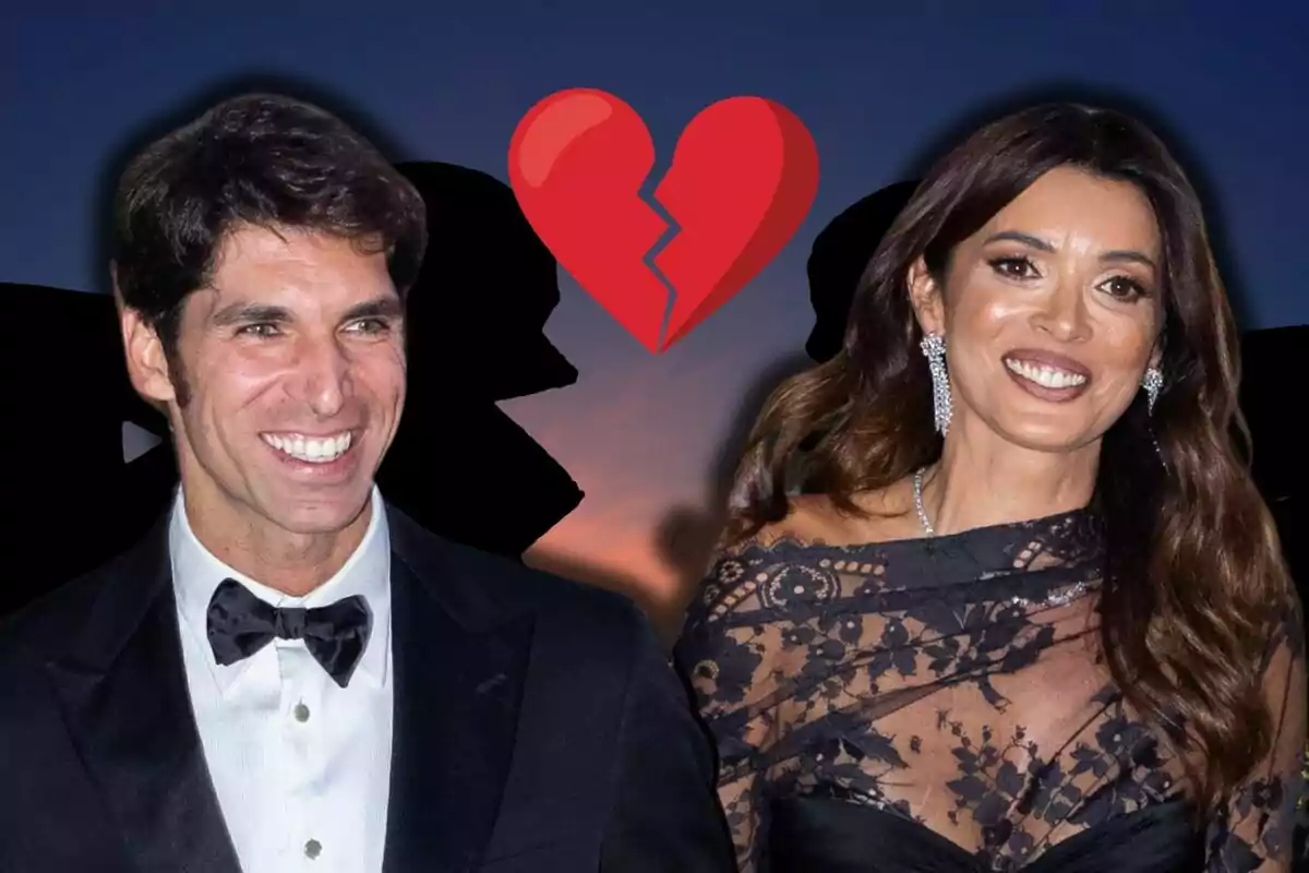 Cayetano Rivera y María Cerqueira sonriente vestida de gala con un corazón roto en el fondo.