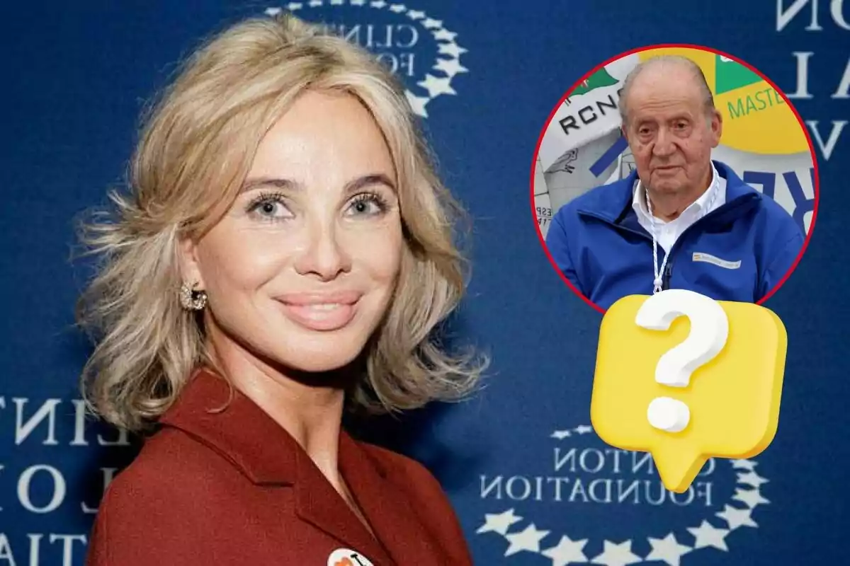 Corinna Larsen sonríe frente a un fondo azul con un logotipo, mientras un recuadro muestra a Juan Carlos I con una chaqueta azul y un icono de signo de interrogación amarillo.