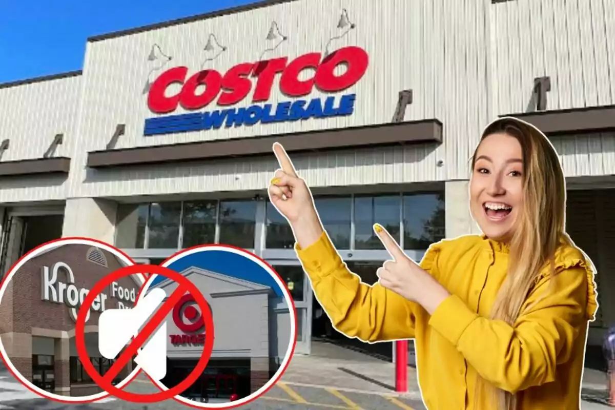 Mujer sonriente con suéter amarillo señalando la entrada de una tienda Costco mientras en la esquina inferior izquierda aparecen los logos de Kroger y Target tachados con un símbolo de prohibido