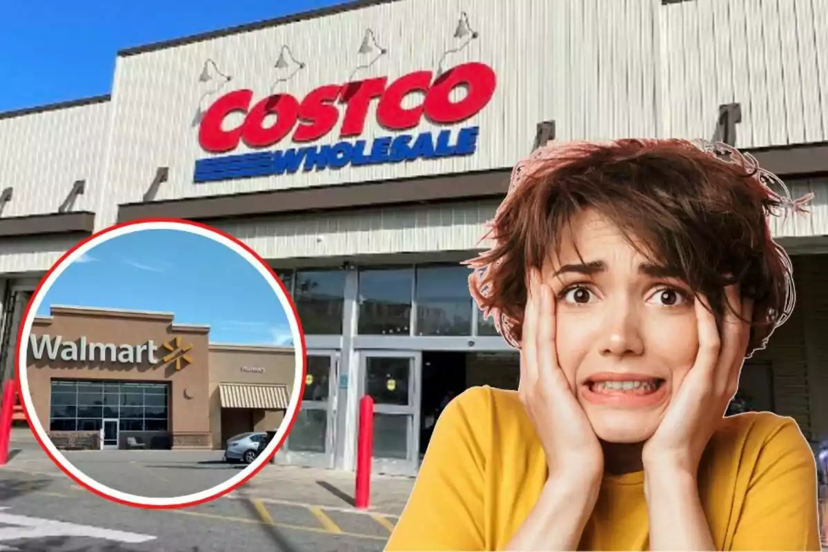 Una persona con expresión de preocupación frente a una tienda de Costco y una imagen circular de una tienda de Walmart