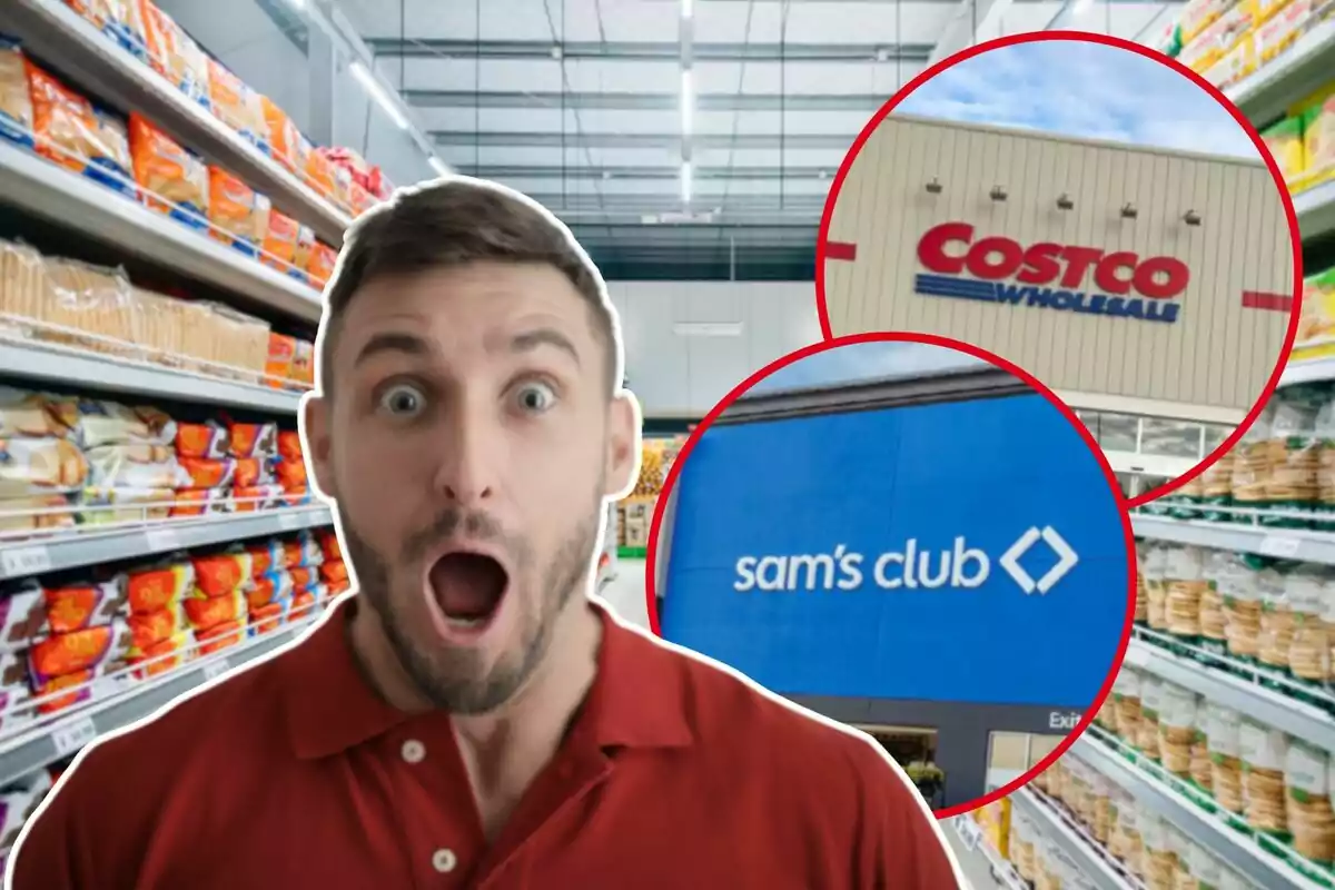 Un hombre sorprendido en un pasillo de supermercado con imágenes de las fachadas de Costco y Sam's Club en círculos rojos.