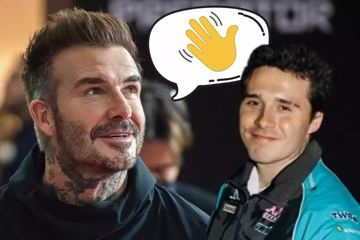 David Beckham y Brooklyn Beckham, uno con tatuajes en el cuello y otro con una chaqueta deportiva, con un emoji de mano saludando en un globo de diálogo.