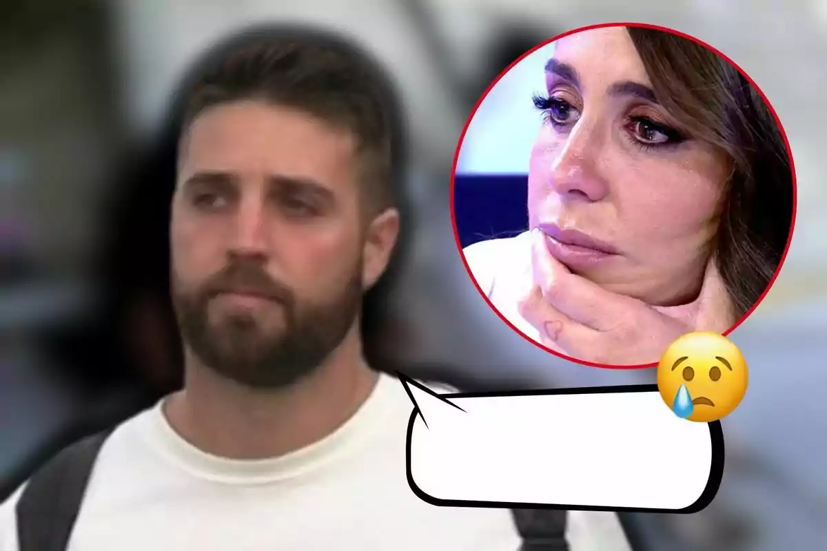 David Rodríguez con expresión seria y Anabel Pantoja en un recuadro con expresión triste, acompañada de un emoji llorando y un globo de diálogo vacío.