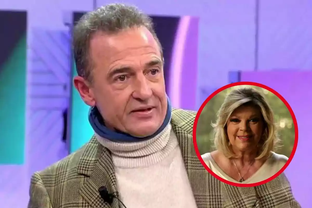 Un hombre con un suéter de cuello alto y chaqueta a cuadros aparece en un programa de televisión, con un círculo rojo que muestra a una mujer rubia sonriendo.