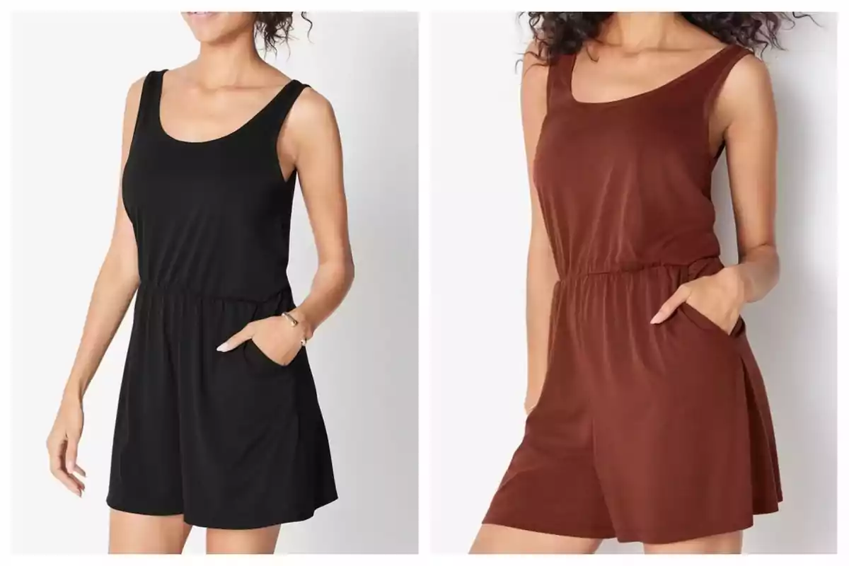 Dos mujeres modelan un mono corto sin mangas de Lidl, una en color negro y la otra en color marrón, ambas con las manos en los bolsillos. Dos mujeres modelan un mono corto sin mangas de Lidl, una en color negro y la otra en color marrón, ambas con las manos en los bolsillos.