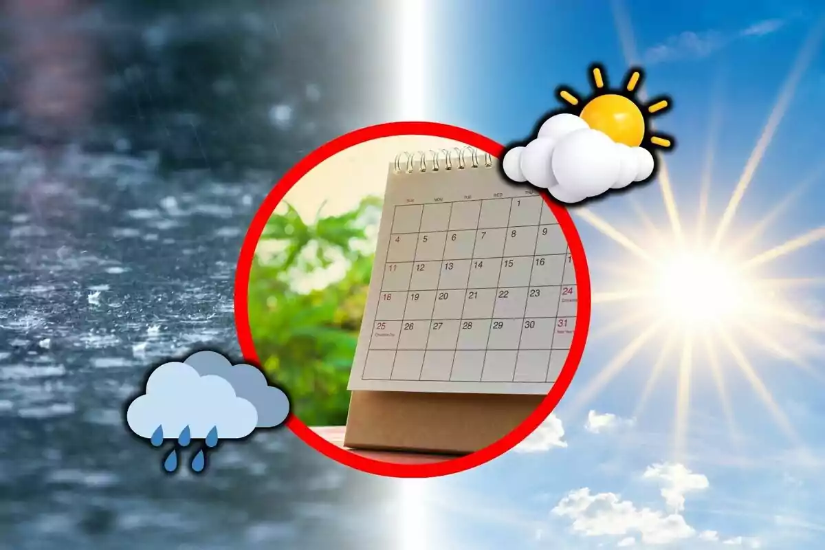 Imagen de un calendario en el centro con un fondo dividido entre un clima lluvioso a la izquierda y soleado a la derecha.