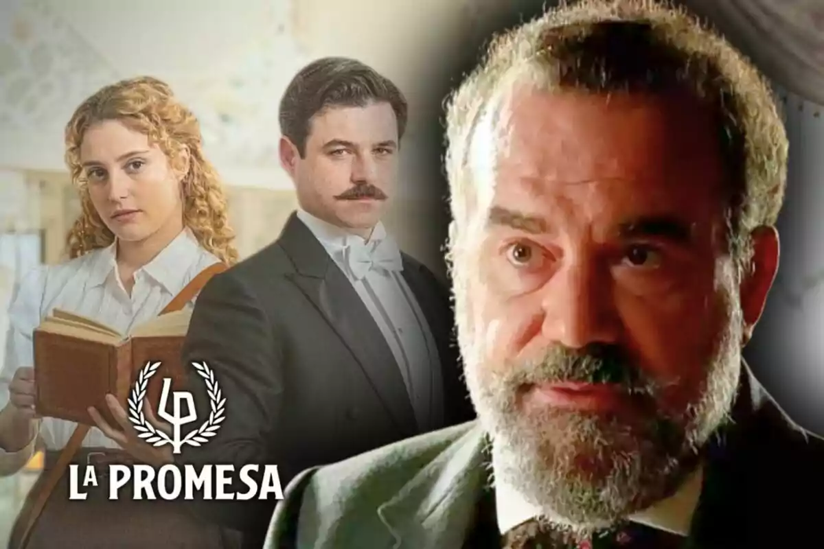 Tres personas en un montaje promocional de una serie titulada "La Promesa", una mujer con un libro, un hombre con esmoquin y un hombre mayor -que es el actor Manuel Regueiro- con barba.