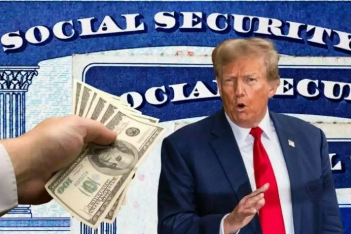 A man in a suit with a red tie appears in front of a Social Security card while a hand holds several dollar bills.