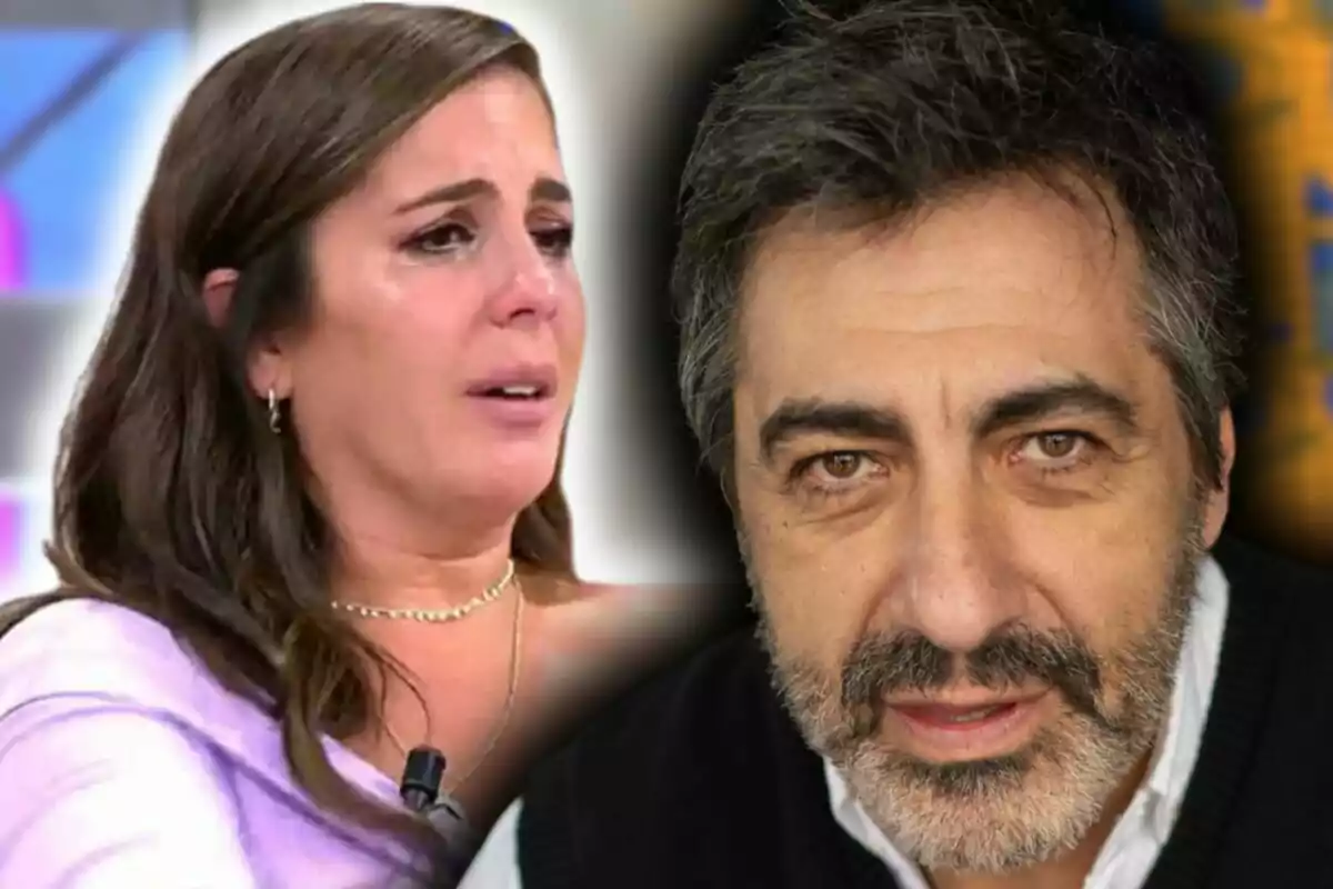 Montaje de fotos de primer plano de Anabel Pantoja llorando y Juan del Val con rostro serio.