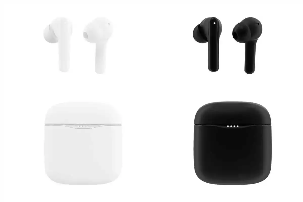 Montaje de fotos de dos auriculares inalámbricos en colores blanco y negro de Lidl con sus respectivos estuches de carga. Montaje de fotos de dos auriculares inalámbricos en colores blanco y negro de Lidl con sus respectivos estuches de carga.