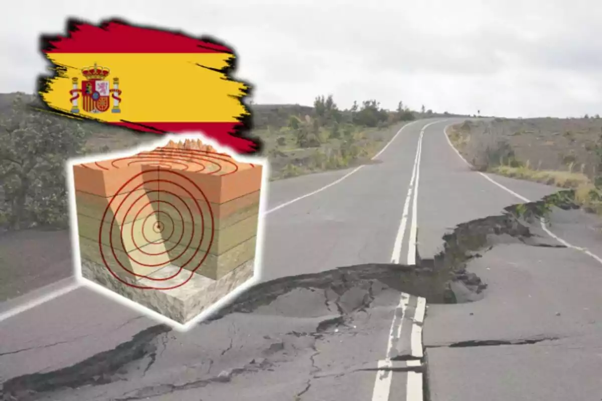 Carretera agrietada con un gráfico de ondas sísmicas y la bandera de España en la esquina superior izquierda.