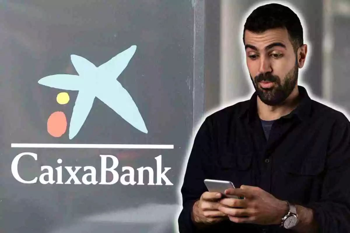 Hombre con expresión de sorpresa mirando su teléfono móvil junto al logo de CaixaBank