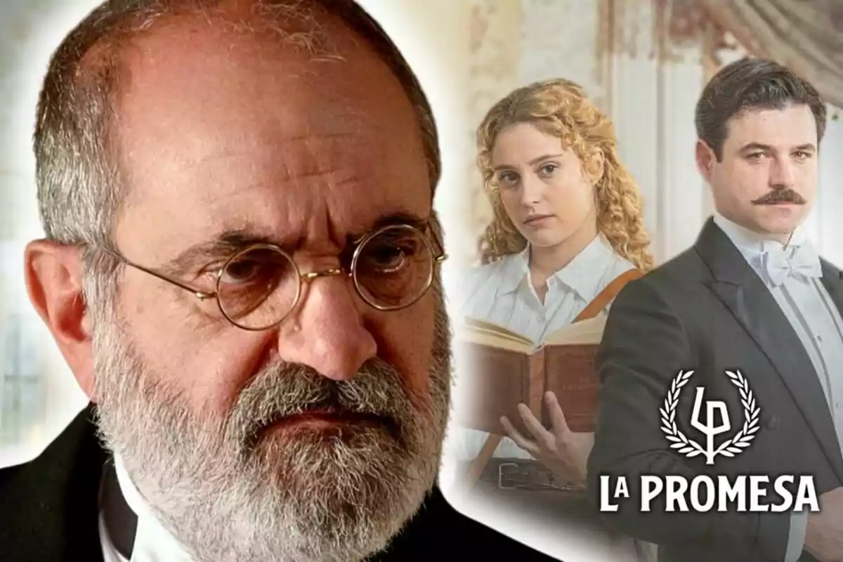 Joaquín Climent con gafas y barba aparece en primer plano mientras una mujer con un libro y un hombre con traje están al fondo junto al logo de "La Promesa".