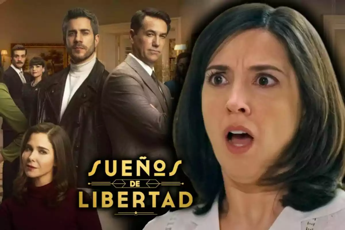 Varios personajes de una serie posan juntos mientras la actriz Carolina Lapausa en primer plano muestra una expresión de sorpresa junto al título 'Sueños de Libertad'.