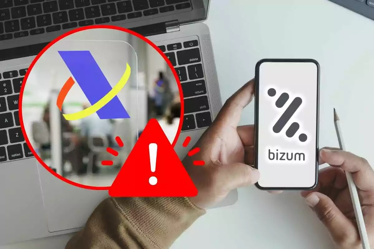 Una persona sostiene un teléfono móvil con el logo de Bizum en la pantalla, mientras que en el fondo se ve una computadora portátil y un símbolo de advertencia junto al logo de la Agencia Tributaria.