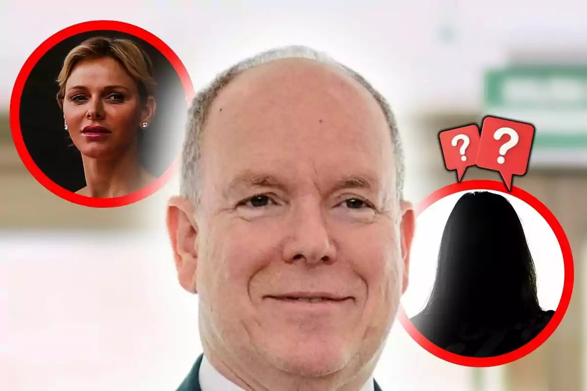 Montaje de fotos de primer plano de Alberto de Mónaco sonriente y, al lado, una imagen de su mujer, Charlene, y otra imagen de la silueta de una mujer anónima.