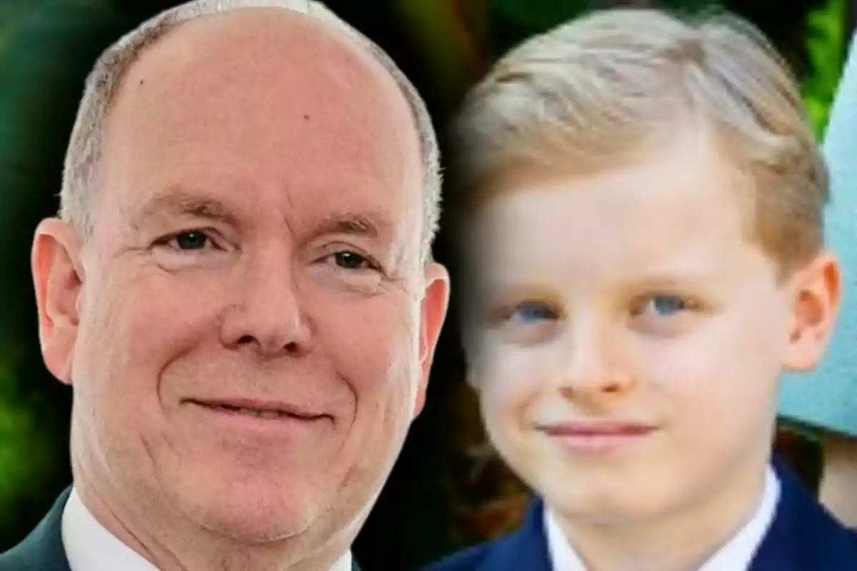 Montaje de fotos de primer plano de Alberto de Mónaco y su hijo, el príncipe Jacques, ambos con rostro medio sonriente.