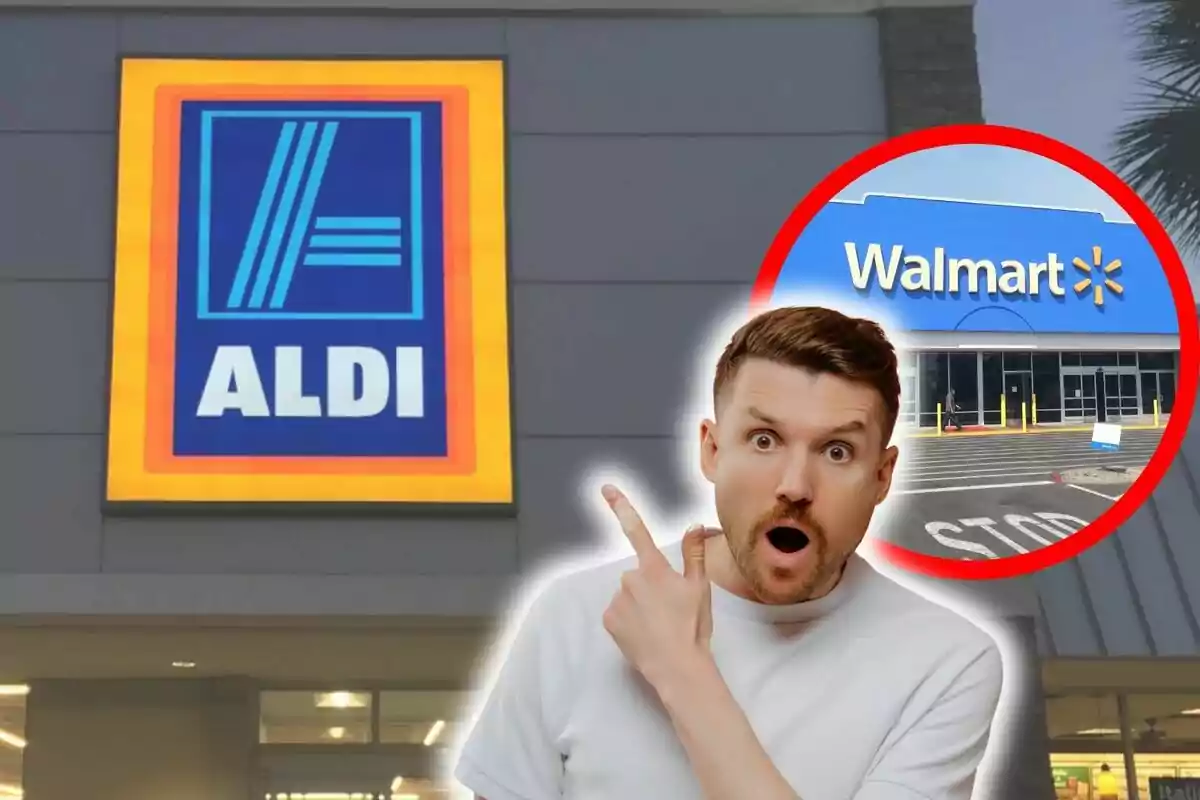 Un hombre sorprendido señala hacia un letrero de Aldi con un círculo que muestra una tienda de Walmart.