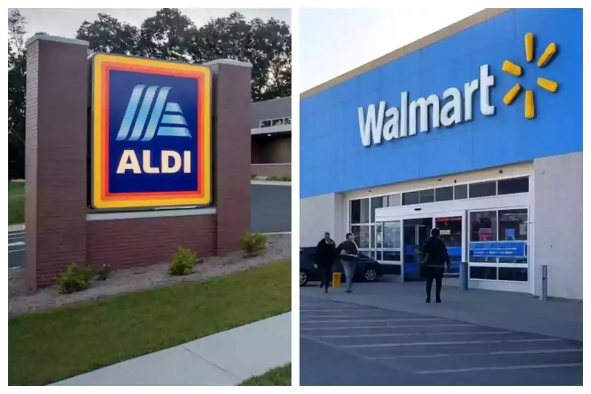 Dos imágenes comparativas de las fachadas de las tiendas Aldi y Walmart en Estados Unidos. Dos imágenes comparativas de las fachadas de las tiendas Aldi y Walmart en Estados Unidos.