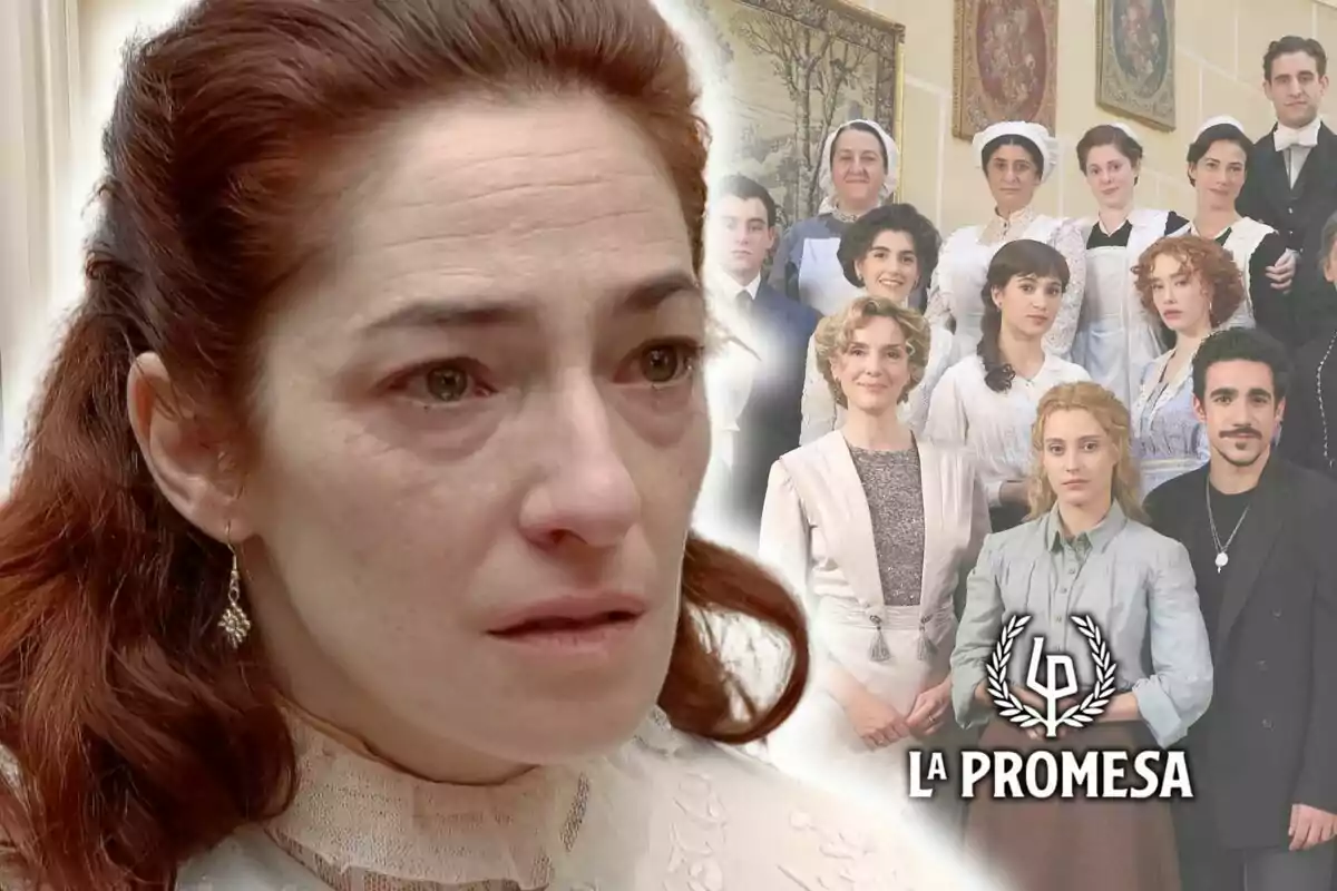 Montaje de fotos de la actriz Alicia Moruno con expresión emotiva en primer plano y un grupo de personas en el fondo, todos vestidos con ropa de época, junto al título "La Promesa".