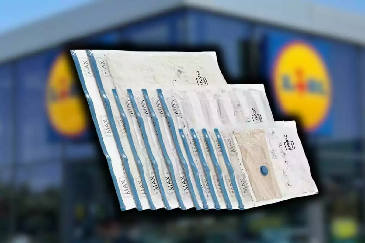 Un conjunto de bolsas de aspiradora de la marca Livarno se muestra frente a un fondo borroso de una tienda Lidl. Un conjunto de bolsas de aspiradora de la marca Livarno se muestra frente a un fondo borroso de una tienda Lidl.