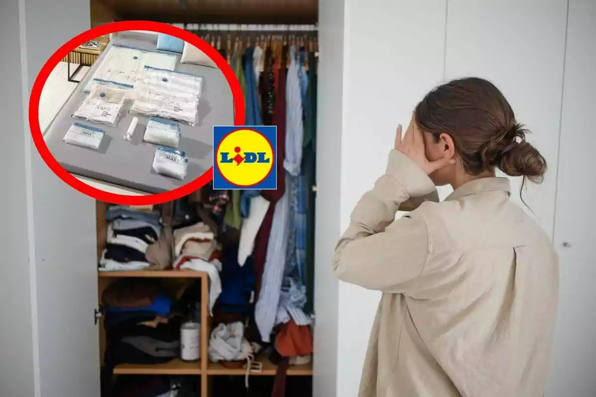 Una mujer se cubre el rostro frente a un armario desordenado mientras en un círculo rojo se muestran bolsas de almacenamiento al vacío sobre una cama junto al logo de una tienda. Una mujer se cubre el rostro frente a un armario desordenado mientras en un círculo rojo se muestran bolsas de almacenamiento al vacío sobre una cama junto al logo de una tienda.