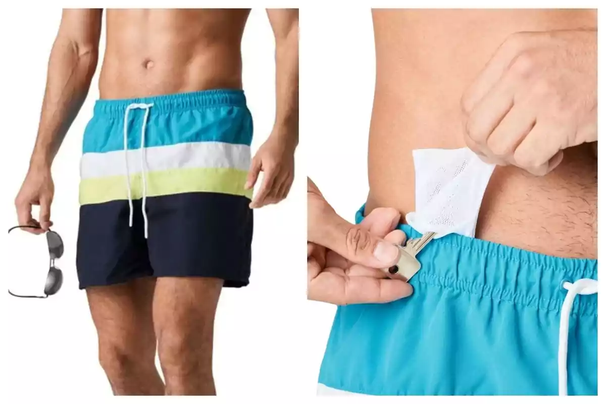 Hombre con traje de baño azul con franjas blancas y verdes de Lidl, sosteniendo gafas de sol en una mano y mostrando un bolsillo oculto con una llave en la otra. Hombre con traje de baño azul con franjas blancas y verdes de Lidl, sosteniendo gafas de sol en una mano y mostrando un bolsillo oculto con una llave en la otra.