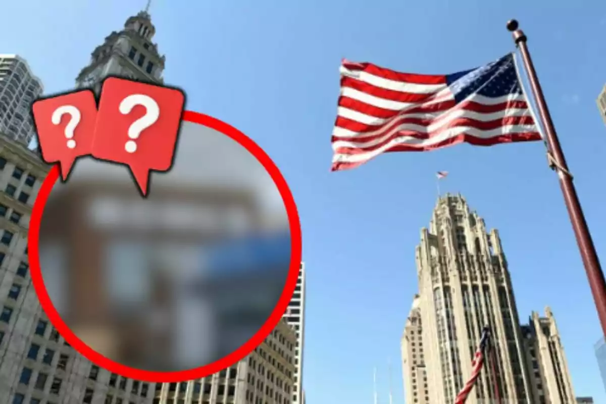 Edificios altos con una bandera de Estados Unidos ondeando y un círculo rojo con signos de interrogación. Edificios altos con una bandera de Estados Unidos ondeando y un círculo rojo con signos de interrogación.