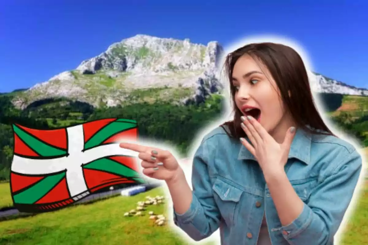 Una mujer sorprendida señala una bandera del País Vasco con un paisaje montañoso de fondo.