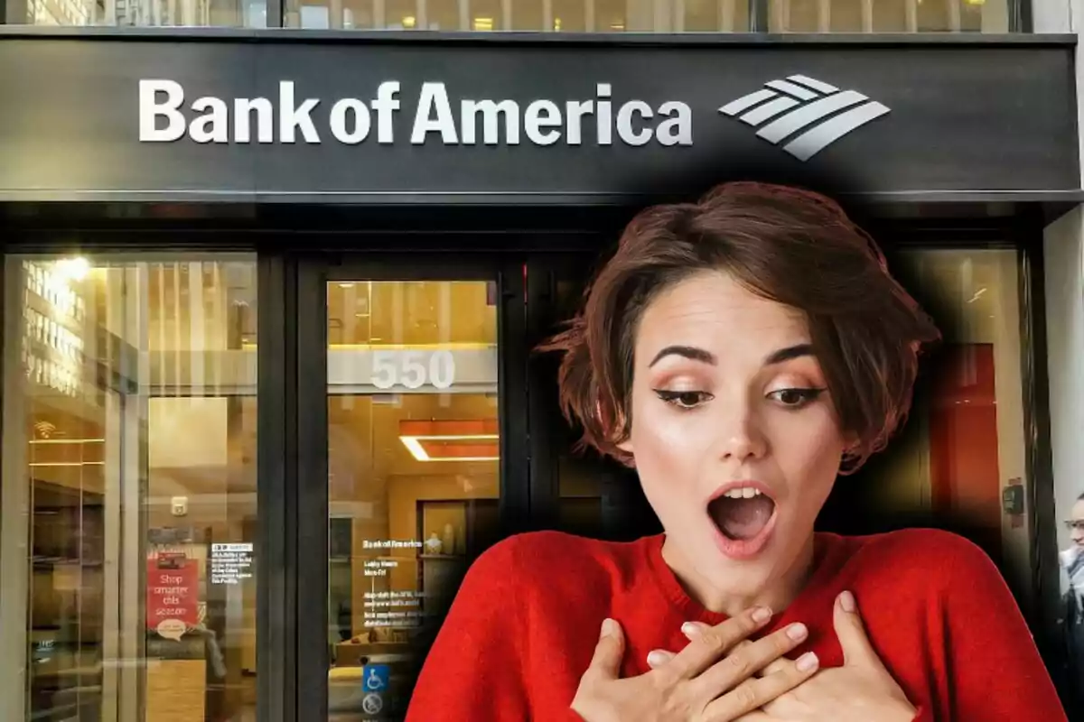 Una mujer con expresión de sorpresa frente a la entrada de un Bank of America. Una mujer con expresión de sorpresa frente a la entrada de un Bank of America.