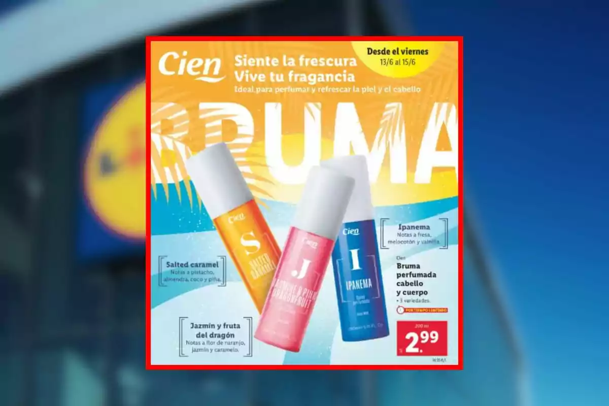 Publicidad de brumas perfumadas para cabello y cuerpo de la marca Cien de Lidl en tres variedades con fondo colorido y precio destacado de 2,99 euros. Publicidad de brumas perfumadas para cabello y cuerpo de la marca Cien de Lidl en tres variedades con fondo colorido y precio destacado de 2,99 euros.