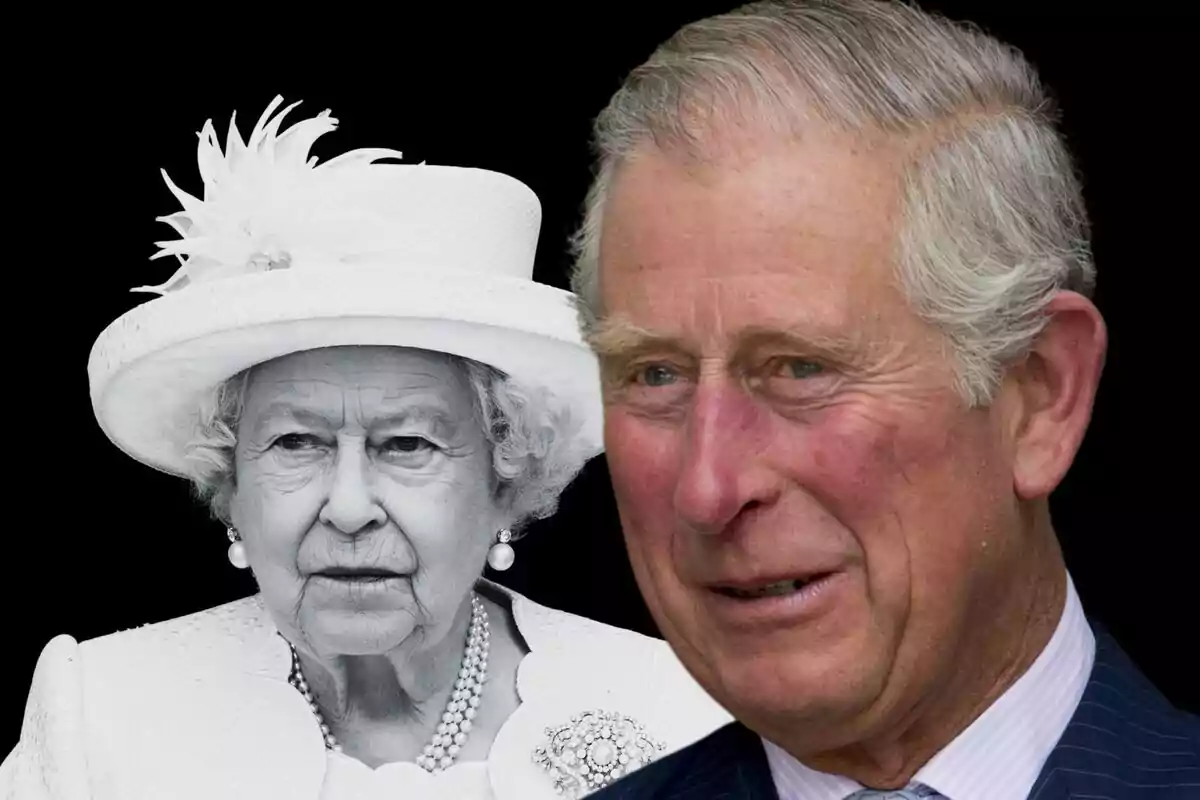 Montaje de fotos de Isabel II con sombrero blanco y Carlos III con cabello canoso, ambos con expresiones serias, sobre un fondo negro.