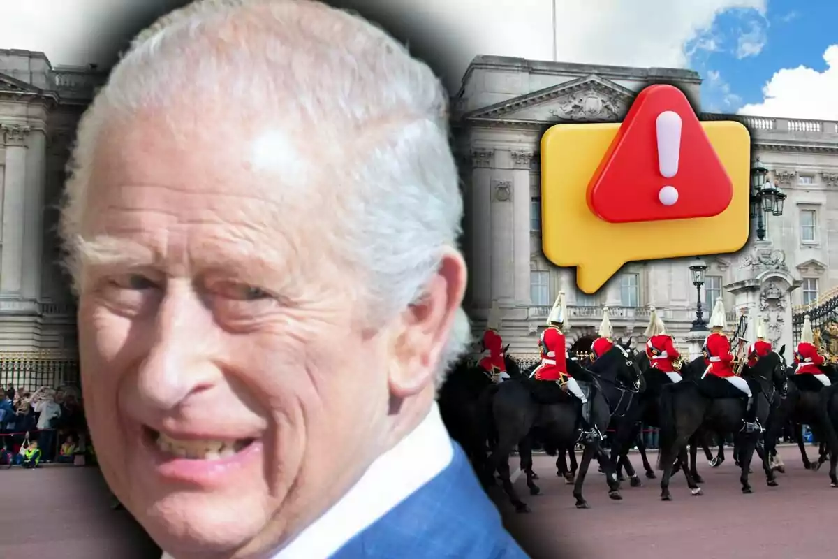 Carlos III con rostro neutro en primer plano con expresión seria frente al Palacio de Buckingham, guardias montados a caballo y un ícono de advertencia sobre el edificio.