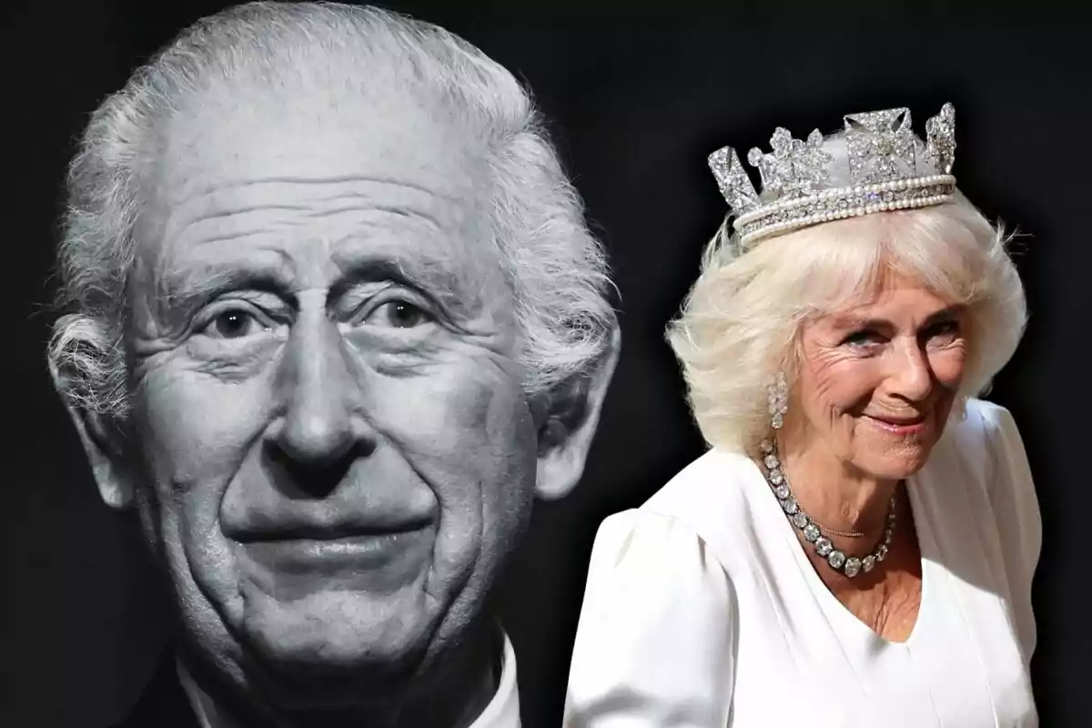 Close-up photo montage of King Charles III with a serious expression and Queen Camilla with a smiling face and a crown on her head.