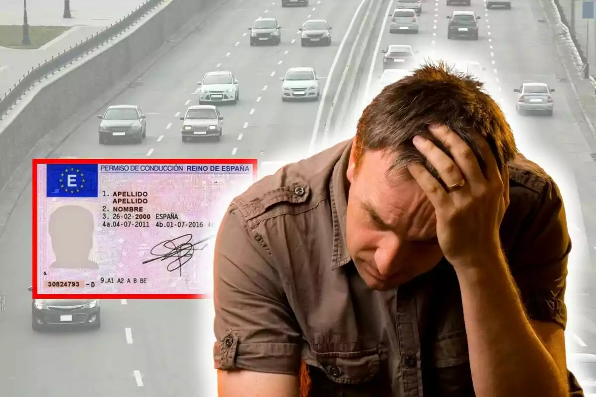 Un hombre con expresión de preocupación se sostiene la cabeza con la mano, mientras en el fondo se ve una carretera con varios coches y una imagen de un permiso de conducción del Reino de España.